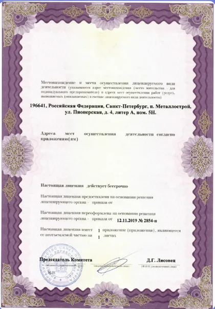 Лицензия ЛО-78-01-010328 от 12 ноября 2019 года, страница 3